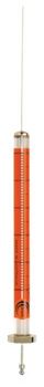 Image sur Seringue 10µl (couleur orange foncé) pour passeur Agilent à piston flexible Superflex et aiguille fixe, jauge 26, long. 42mm, conique